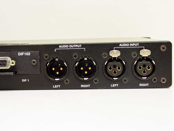 CDQ Prima 110 rear panel close-up of DIF1 V.35 port, XLR Audio Output Left and Right, and XLR Audio Input Left and Right connectors