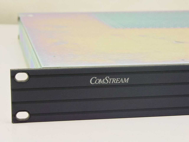 ComStream ABR200 rackmount receiver — close-up of front panel lower left showing ComStream branding and rack ears