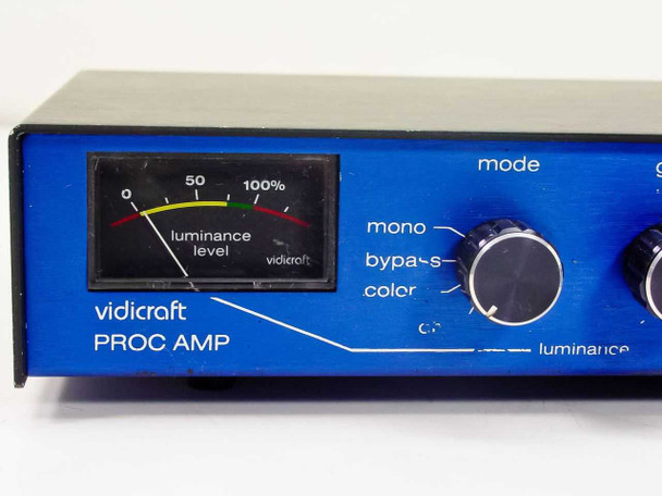 Vidicraft Proc Amp close-up of left front panel – luminance level VU meter and mode selector knob showing mono, bypass, and color positions
