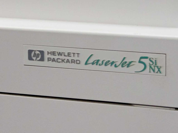 HP Hewlett-Packard LaserJet 5Si NX model badge close-up on printer chassis