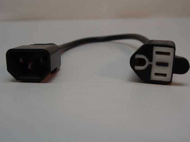Full view of short IEC C14 male to NEMA 5-15R female power adapter cable showing both ends and cable body