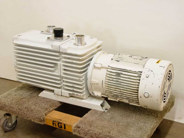 Leybold-Heraeus D60AC Trivac rotary vane vacuum pump – front-left view showing finned white pump body with two top ports and coupled three-phase motor on wheeled base
