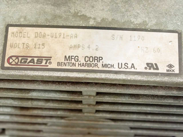 Gast DOA-V191-AA rating plate closeup — Model DOA-V191-AA, 115V, 4.2A, 60Hz, Gast Mfg. Corp., Benton Harbor, Mich. U.S.A., UL Listed