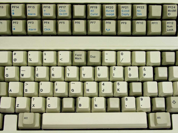 IBM Model F keyboard close-up of upper key rows showing PF1–PF24 function keys with blue sub-legends and main QWERTY section