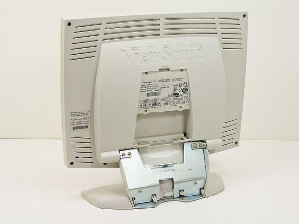 ViewSonic VG150 rear view showing beige plastic housing, tilt-adjust metal stand bracket, and rating label — small plastic piece missing on back housing visible