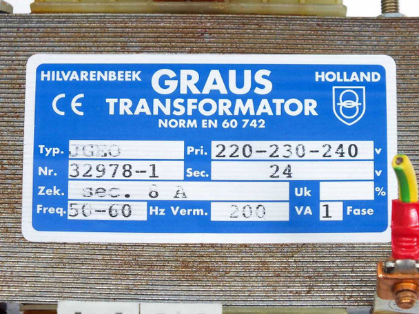 Hilvarenbeek Graus JGEO transformer nameplate label closeup – shows type JGEO, Nr 32978-1, Pri 220-230-240V, Sec 24V, 200VA, 1 Fase, 50-60Hz, EN 60742
