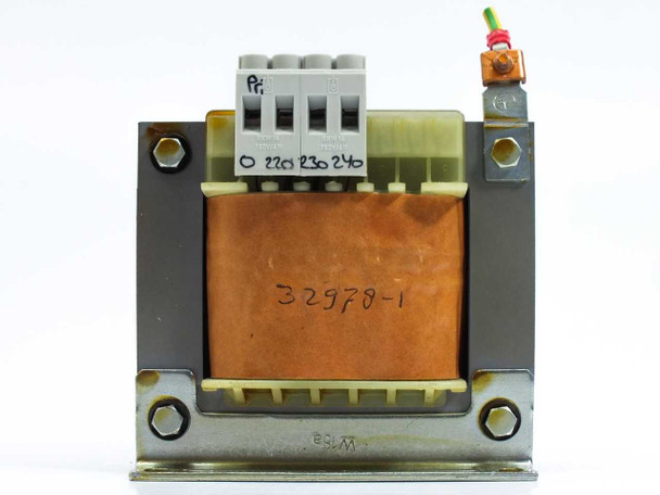 Hilvarenbeek Graus JGEO 200VA transformer – front face view showing primary tap terminal block labeled 0, 220, 230, 240 and copper coil winding