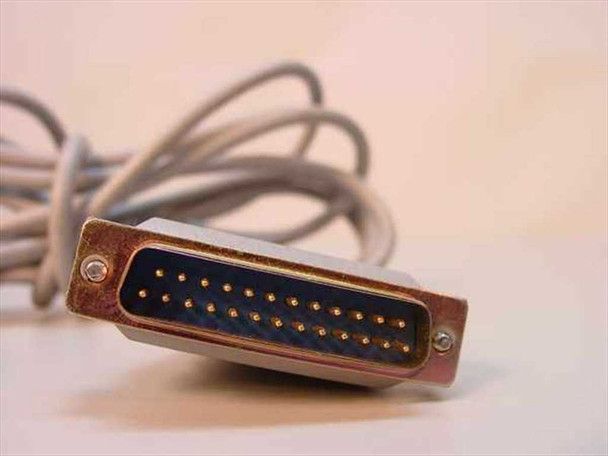 DB25 male connector end-on view showing 25 gold pins in D-sub housing with surface wear on metal shell