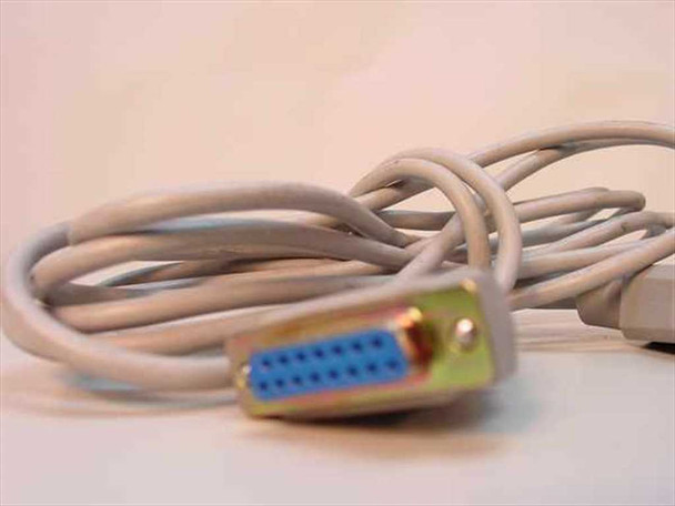 DB15 female connector close-up showing blue 15-pin insert in gold-tone metal shell with gray cable coiled behind