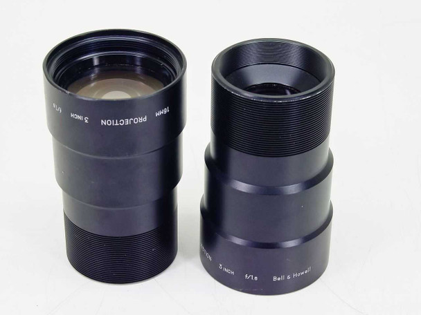 Bell & Howell 16mm Projection Lens 3 Inch f/1.6 — side view of both lenses showing engraved markings and barrel finish