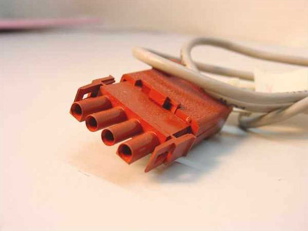 Close-up of red 4-pin proprietary POS connector end showing rectangular housing and pin configuration
