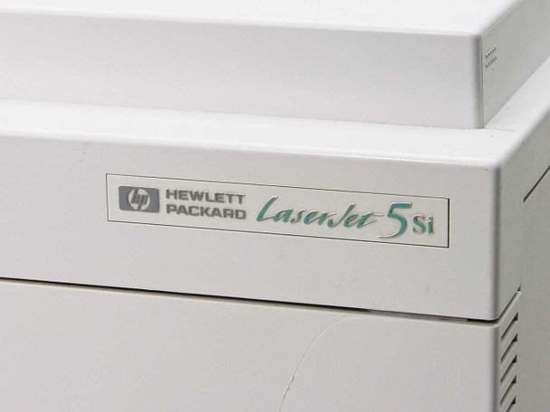 HP Hewlett-Packard LaserJet 5Si logo close-up on printer body