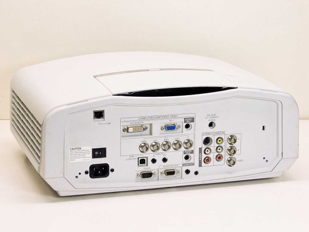Mitsubishi Electric WD2000 DLP projector rear panel showing DVI, VGA, BNC, S-Video, LAN, USB, and serial ports