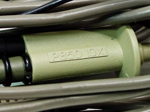 Tektronix P850 10X oscilloscope probe close-up showing embossed model marking on probe body