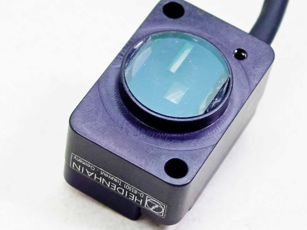 Heidenhain LIF 10R scanning head close-up showing large circular blue-tinted optical lens and square housing