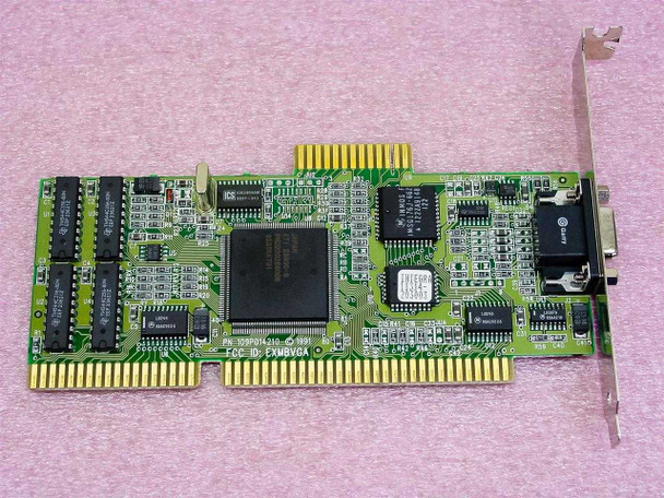 ATI 109P014210 ISA video card component side showing full PCB layout with memory chips, Mach8 GPU, and gold ISA edge connector