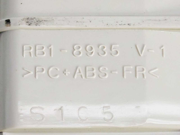 HP RB1-8935 paper tray — molded part number label reading RB1-8935 V-1 and PC/ABS-FR material markings on underside