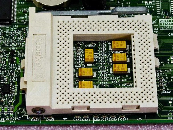 Intel AA635056-004 motherboard — close-up of Socket 5 ZIF CPU socket with label reading Socket 5