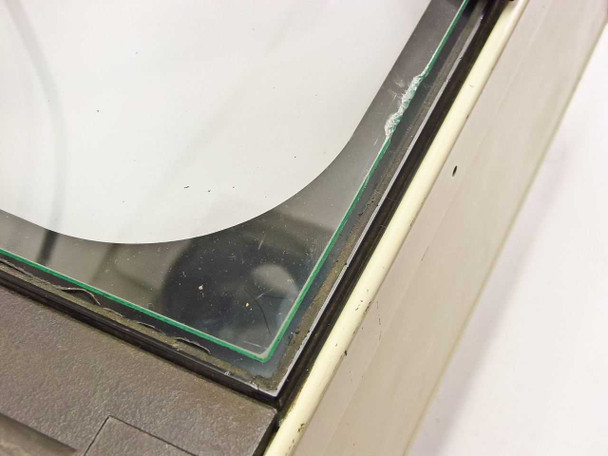 3M 429 overhead projector – corner view of glass platen showing chip location at edge corner, away from central image area