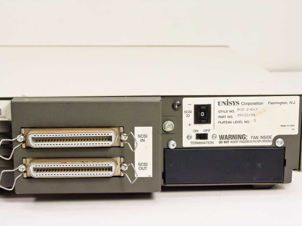 Rear panel view showing SCSI IN and SCSI OUT 50-pin Centronics connectors, SCSI ID rotary switch, Termination switch, and UNISYS Corporation Flemington NJ label