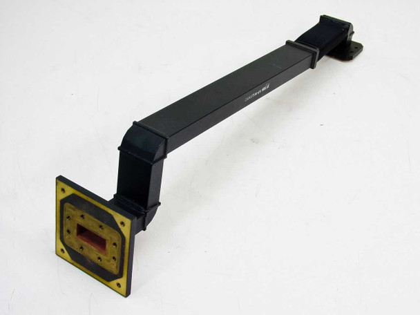 WR-137 C-Band flexible waveguide 01007714-01 — full assembly side view showing three 90-degree bends, flexible section, and brass flange
