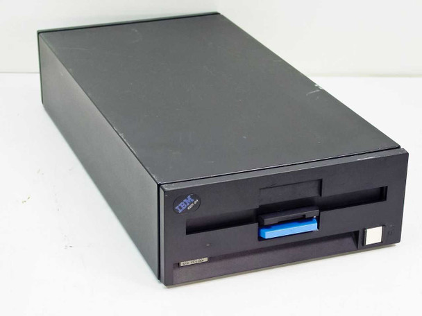 IBM 9331-011 8-inch external floppy drive – front-left angled view showing IBM logo badge and blue-accented disk slot