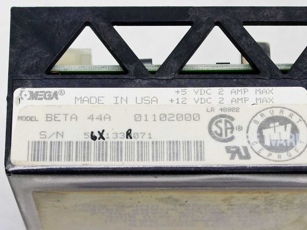 Omega Beta 44A label closeup – shows model Beta 44A, part number 01102000, +5VDC 2A Max / +12VDC 2A Max power ratings, Made in USA, UL/SA certifications