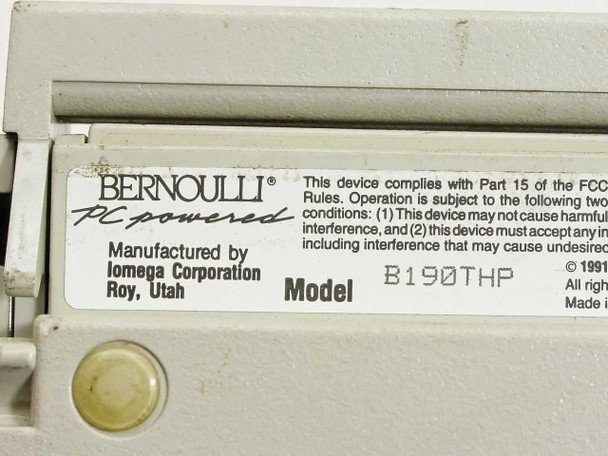 Iomega B190THP Bernoulli PC Powered label showing model number, manufacturer (Iomega Corporation, Roy Utah), and 1991 copyright