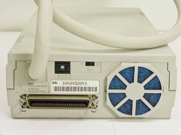 Iomega B190THP rear panel showing 50-pin Centronics SCSI connector, power switch, SCSI label, and serial number label