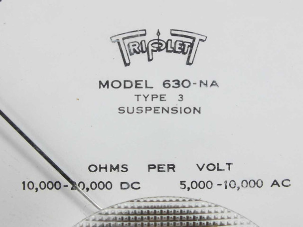 Triplett 630-NA meter face close-up showing vintage Triplett script logo, Model 630-NA Type 3 Suspension, and Ohms per Volt specifications