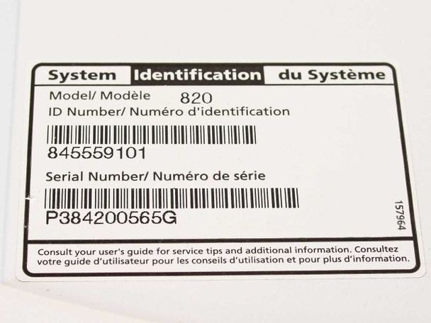 Packard Bell 820 system identification label showing Model 820, ID Number 845559101, and Serial Number P384200565G