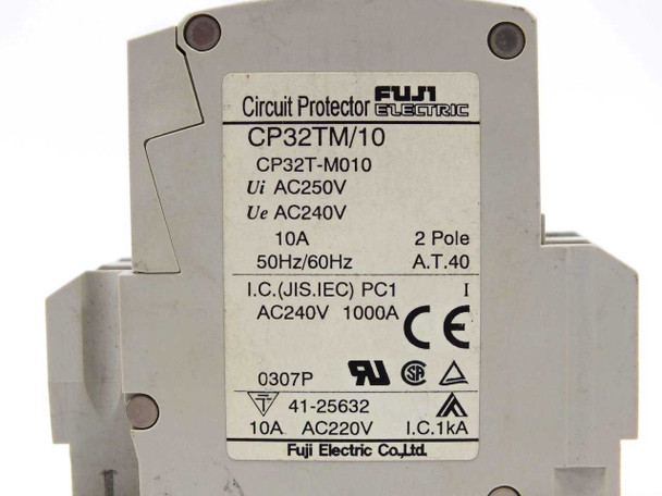 Fuji Electric CP32TM/10 label closeup showing CP32T-M010 model, AC250V Ui, AC240V Ue, 10A, 2-Pole, 50/60Hz, A.T.40 specs