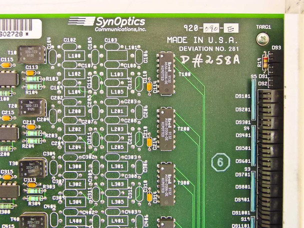 SynOptics 3308 PCB label close-up showing part number 920-090-E, Made in USA, Deviation No. 281, and P#258A marking