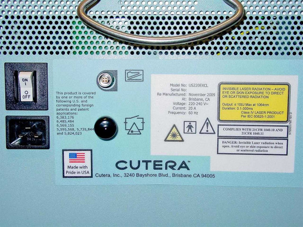 Cutera US220EXCL rear chassis label — model US220EXCL, Re Manufactured November 2009 Brisbane CA, 220-240V, 20A, 60Hz, Cutera Inc. Brisbane CA 94005