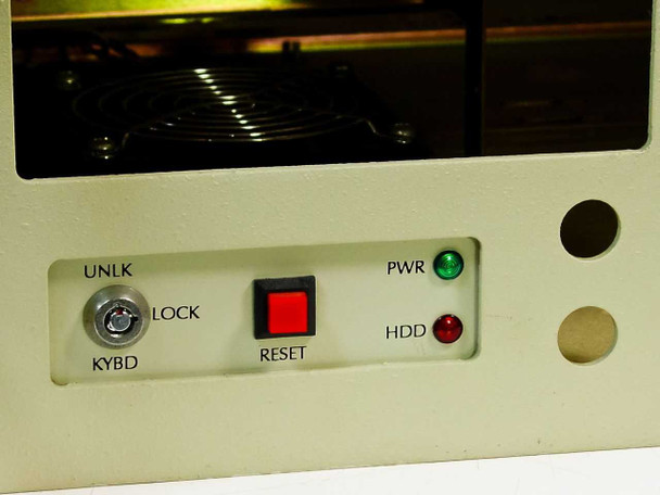 4U rackmount chassis front panel close-up showing keyboard lock cylinder, red RESET button, green PWR LED, red HDD LED, and two blank knockouts