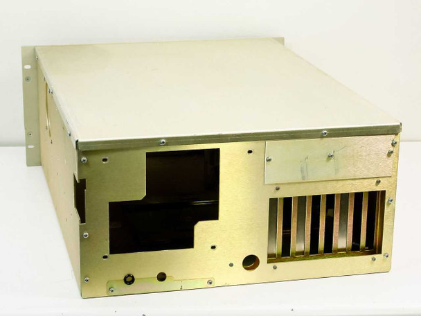 4U rackmount aluminum chassis – rear-left 3/4 view showing open rear I/O cutout, ventilation slots, and unpainted internal metalwork with no power supply installed