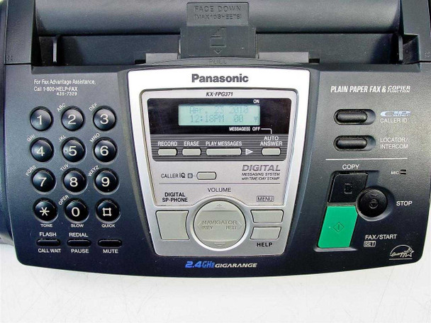 Panasonic KX-FPG371 control panel close-up showing LCD display, keypad, digital messaging controls, Caller IQ, and Fax Start button