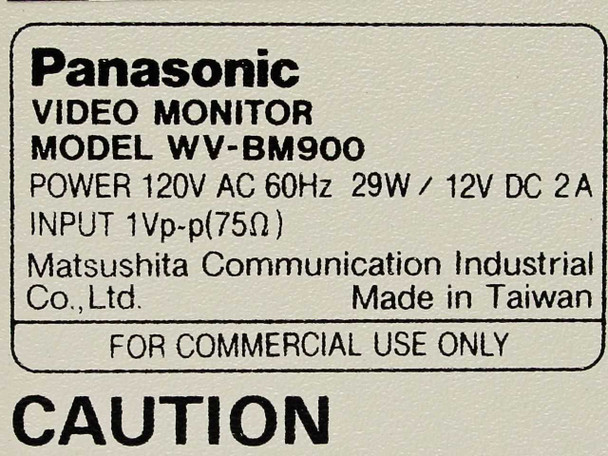 Panasonic WV-BM900 – rating label showing model WV-BM900, 120V AC 60Hz 29W / 12V DC 2A, 1Vp-p 75Ω input, Made in Taiwan, For Commercial Use Only