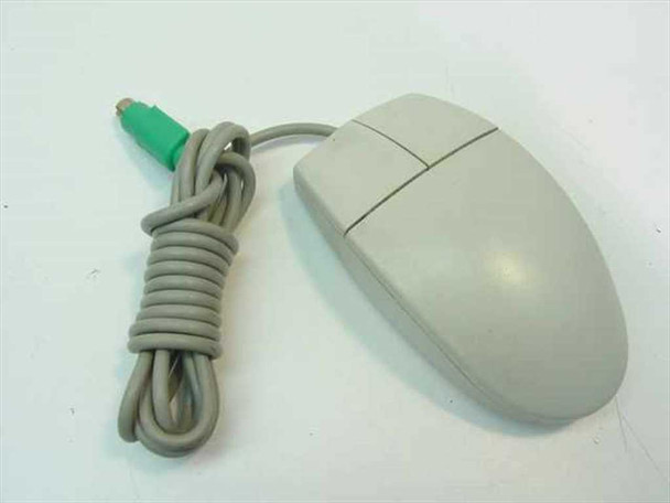 IBM Logitech M-S34 PS/2 two-button mouse – front and top view showing beige body, two buttons, and coiled gray cable with green PS/2 connector