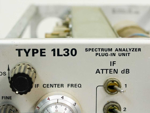 Tektronix Type 1L30 Spectrum Analyzer Plug-In — close-up of upper-left front panel showing TYPE 1L30 model label, IF ATTEN dB stepped switch, and IF CENTER FREQ control