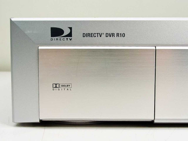 DirecTV DVR R10 front panel close-up showing DirecTV logo, model designation, and Dolby Digital badge