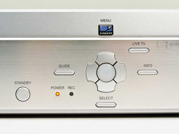 DirecTV DVR R10 front control panel detail showing Standby button, Power and REC indicator LEDs, Guide, Menu, Live TV, Info, Select buttons and d-pad