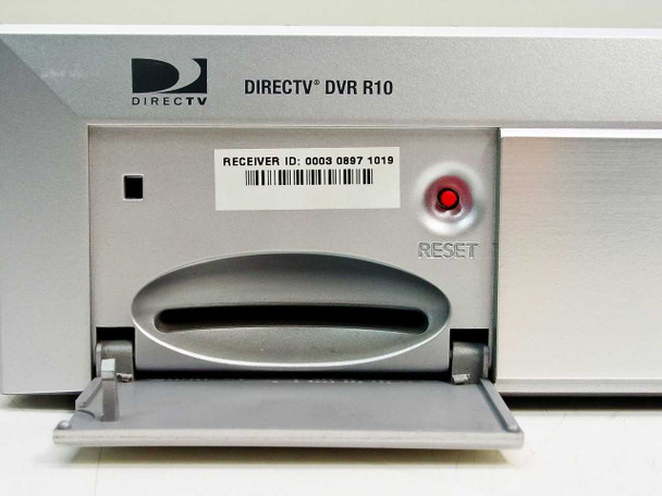 DirecTV DVR R10 front access door open showing receiver ID barcode label and Reset button