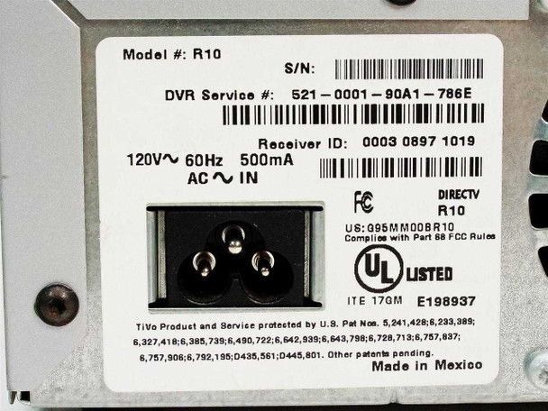 DirecTV DVR R10 bottom label showing model R10, serial number, DVR service number, receiver ID, 120V 60Hz 500mA power rating, FCC ID, UL listing, and Made in Mexico