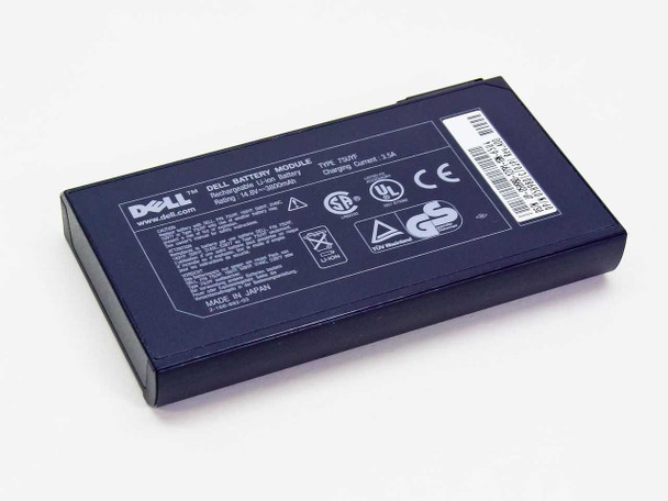 Dell 75UYF battery module bottom label showing Dell Battery Module branding, CE and UL certification marks, and barcode sticker