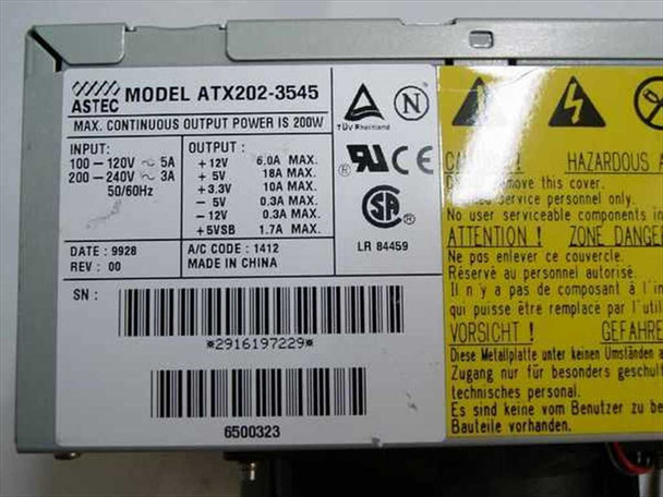 Astec ATX202-3545 rating plate label showing 200W max output, input 100–240V, output voltages, date code 9928, Rev 00, and Gateway part number 6500323