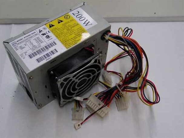 Astec ATX202-3545 200W ATX desktop power supply – angled view showing 80mm cooling fan, side label, and full wiring harness with Molex and ATX connectors