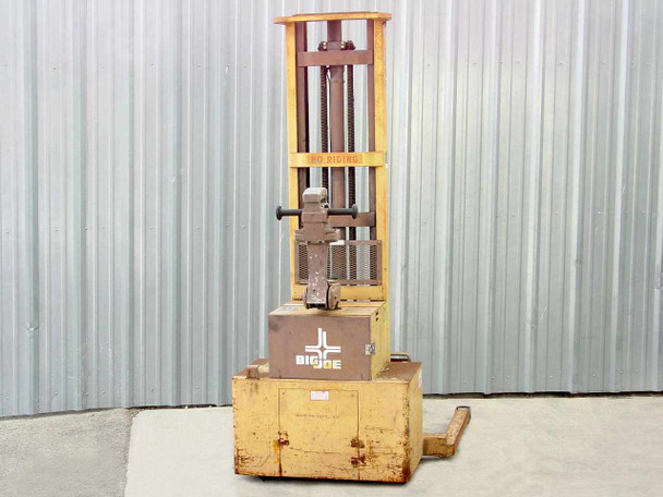 Big Joe PDM 20-154 electric straddle stacker — side/rear view with Big Joe logo decal and battery compartment