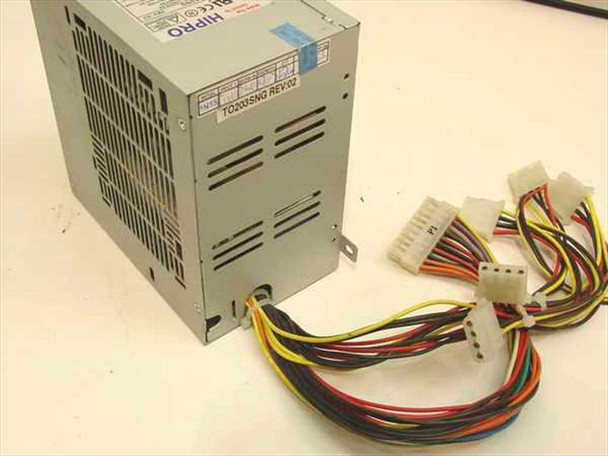 Hipro HP-203SNG side/top view showing ventilation slots, label with model TO203SNG Rev 02, and full output harness spread