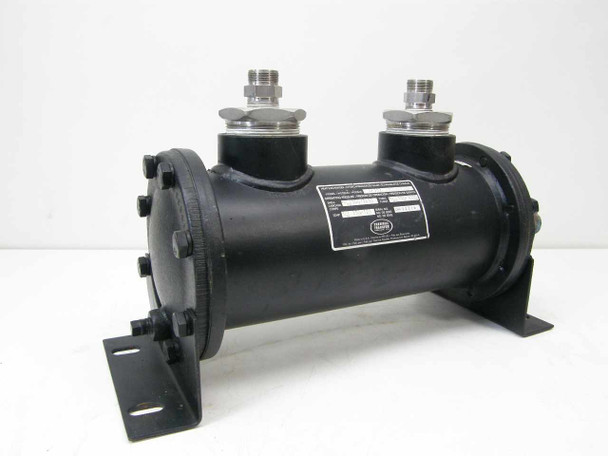 Thermal Transfer 4F352 hydraulic oil cooler — left-side three-quarter view showing full shell length, dual top chrome water fittings, and spec nameplate